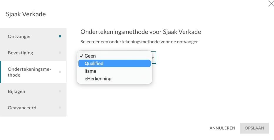 Keuzelijst met ondertekeningsmethoden Qualified, itsme en eHerkenning